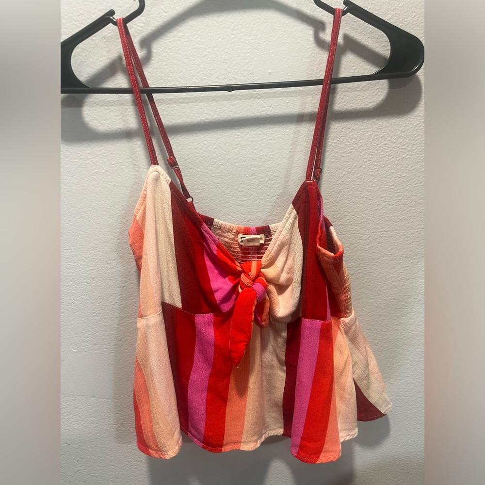 Billabong Women’s Red, Pink and Cream Striped Tie-Front Flounce Tank